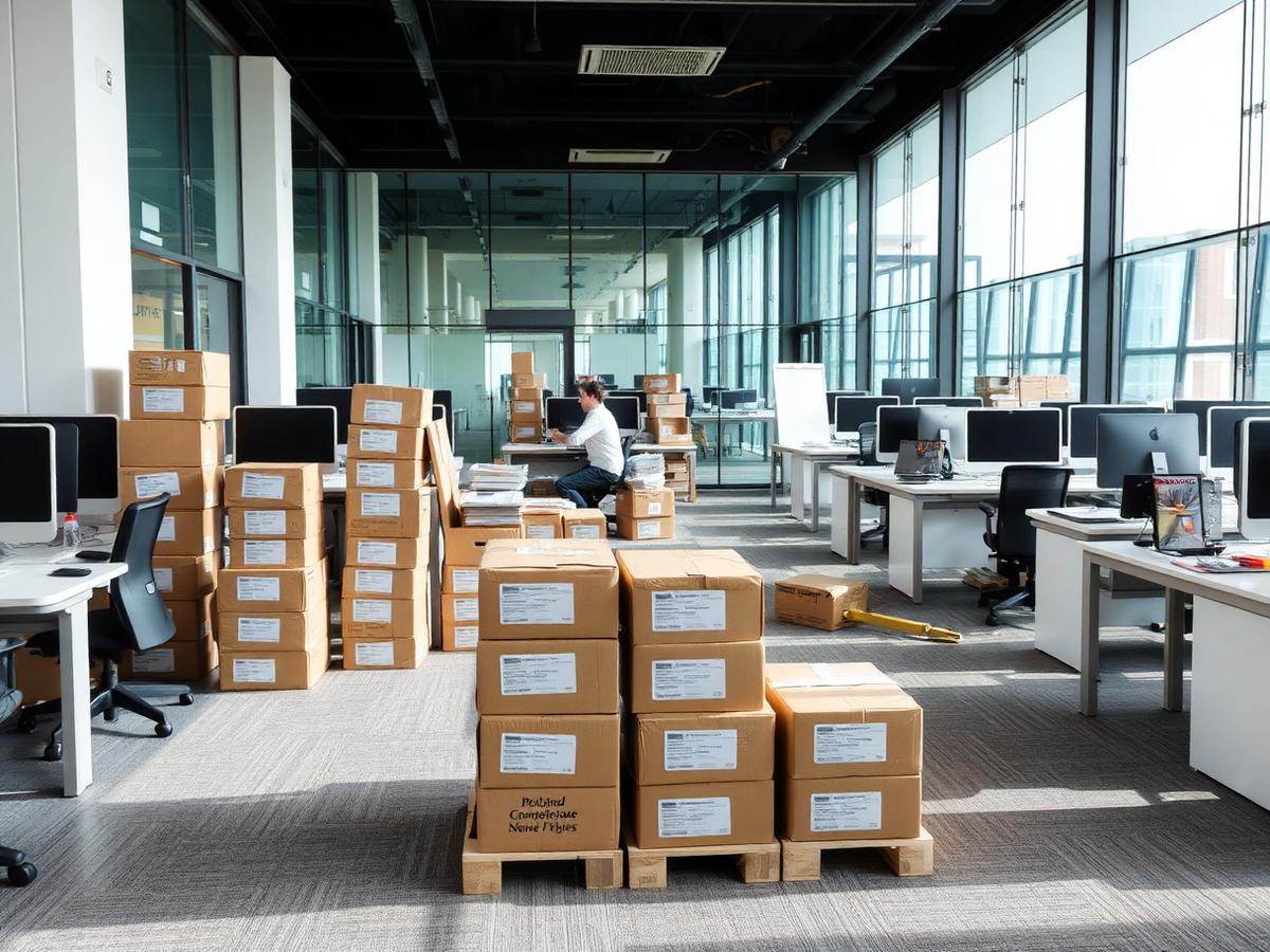 Labelled boxes stacked in an office being relocated