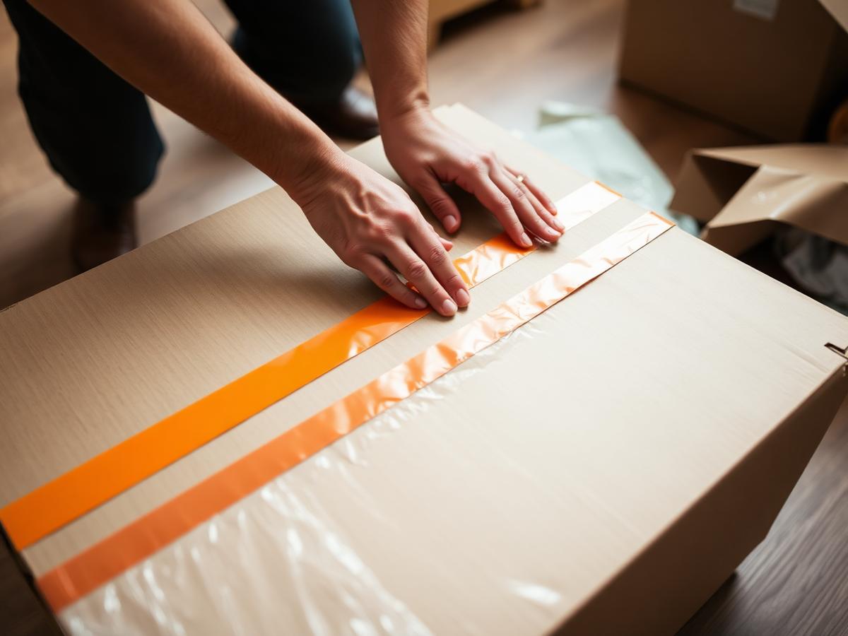 A mover taping a packed cardboard box during a home move